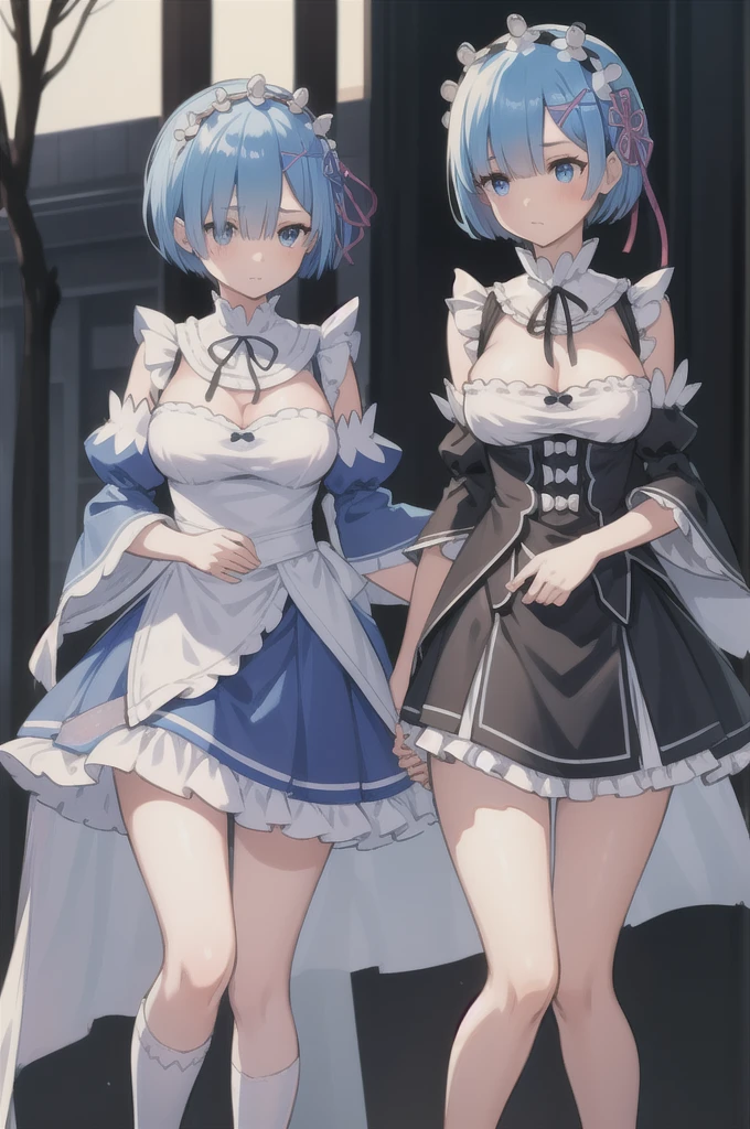 rezeroRem, Rem, blue eyes, Blue Hair, hair ornaments, Hair on one eye, hair ribbon, short hair, x hair ornaments,Big Breasts,Exposed Ribbon, black skirt, Black sleeves, Detachable collar, ,Head wreath,, Maid,, short hair, skirt, Knee socks,Highest quality, High resolution,Chest exposed