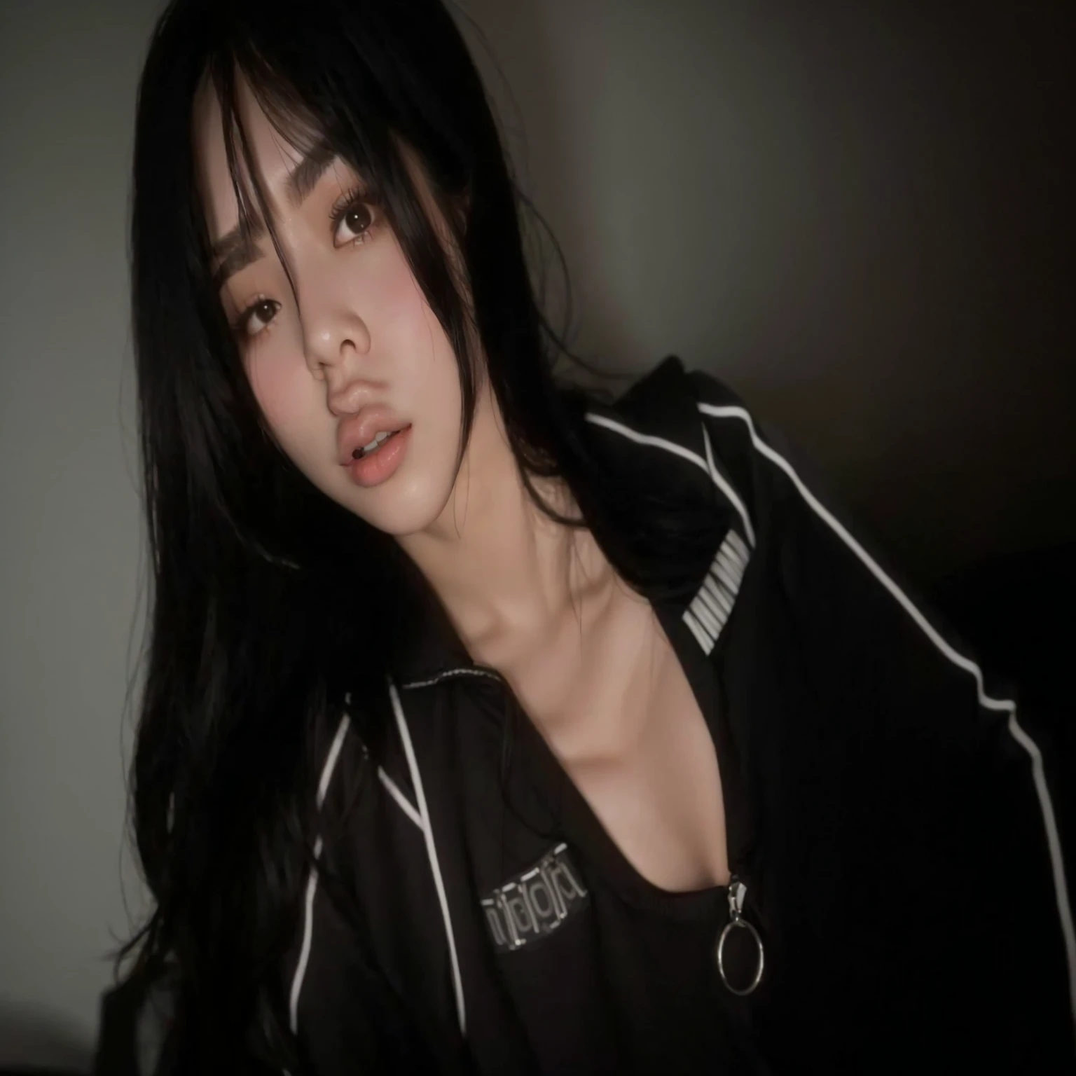 Arafed woman in a black jacket posing for a photo., she has black hair with bangs, profile picture, taken in 2 0 2 0, neckline, she tit, profile pictureture 1024px, Violet Myers, basia tran, profile pictureture, una Asian woman, headshot profile pictureture, Asian girl, bella poarch, charli xcx, Asian woman