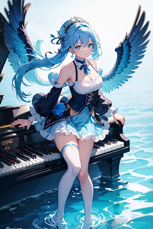 Girl with light blue hair,She likes music,Wearing a blue ice-like outfit,Rose decoration around the waist,Play the violin,piano,Note,Thighs,Black knee-high socks,water,Her name is Mion,Sense of luxury,High quality,Floating keyboard,wings grow from the back