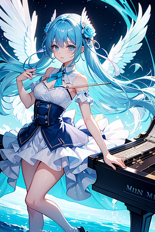 Girl with light blue hair,She likes music,Wearing a blue ice-like outfit,Rose decoration around the waist,Play the violin,piano,Note,Thighs,Black knee-high socks,water,Her name is Mion,Sense of luxury,High quality,Floating keyboard,wings grow from the back