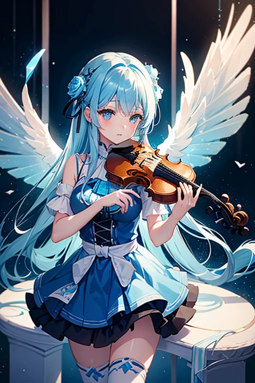 Girl with light blue hair,She likes music,Wearing a blue ice-like outfit,Rose decoration around the waist,Play the violin,piano,Note,Thighs,Black knee-high socks,water,Her name is Mion,Sense of luxury,High quality,Floating keyboard,wings grow from the back