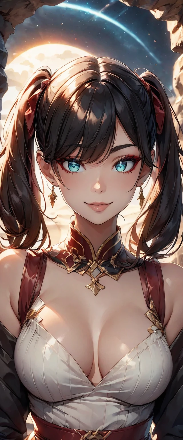 Photo of a woman with natural skin, Seaside cave, The light is shining in, Upper Body, Smiling, High Twintails, Black hair with red mesh, Sharp eyes with red eyeshadow, Blue-green eyes, Shining eyes, A thin, upturned nose, Well-shaped lips, Big Breasts, ((Black off-the-shoulder dress, Thin shoulder straps)), barefoot, Makeup, Exquisitely crafted with the utmost attention to detail, Vibrant, amazing, Smooth, Cinematic, 4K, Backlight, (()), Shallow depth of field, ((Detailed eyes:1.3, Detailed lips:1.3, high quality, )), masterpiece, Super detailed images, High quality