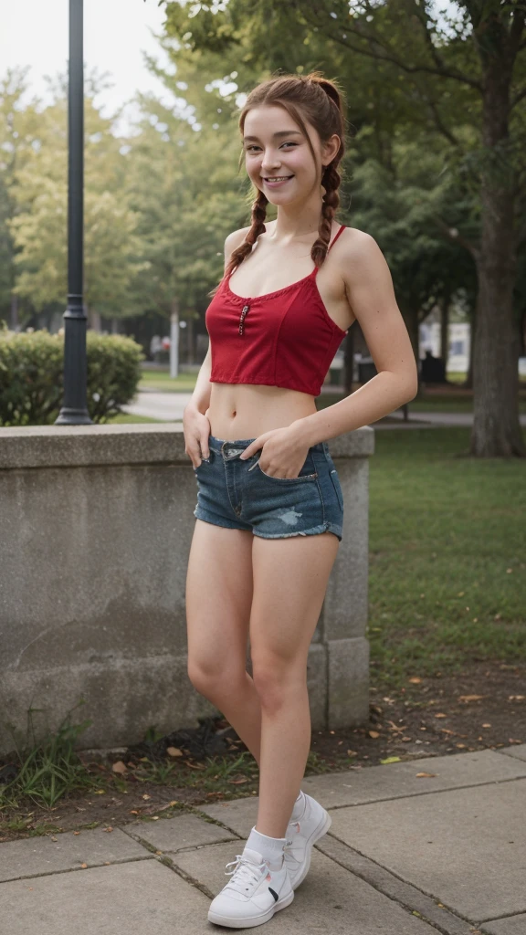 A sexy -yeld veyoung girl who looks like Chloë grace moretz, poses smiling on a park. She wears a short, sleeveless red bodice, along with jean mini shorts and white sneakers. The girl has long redhair, styled in two pigtails, and wears a relaxed expression. photorealistic, high definition, natural light, detailed, perfect hands, perfect little body, natural skin imperfections, very youthful body and face, 8k, full body shot