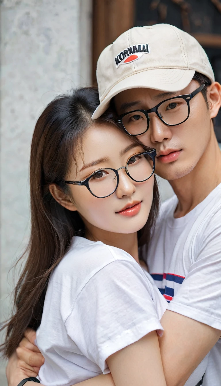 close-up, of beautiful korean female, 34 inch breasts size, wearing crop big t-shirt, cap, glasses, hugging man