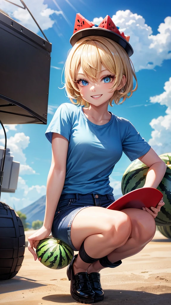 Roblox character, blonde, short hair, wearing a blue shirt, female, wearing blue shorts, black shoes, a plate of watermelon on her head, smiling, my favorite character.