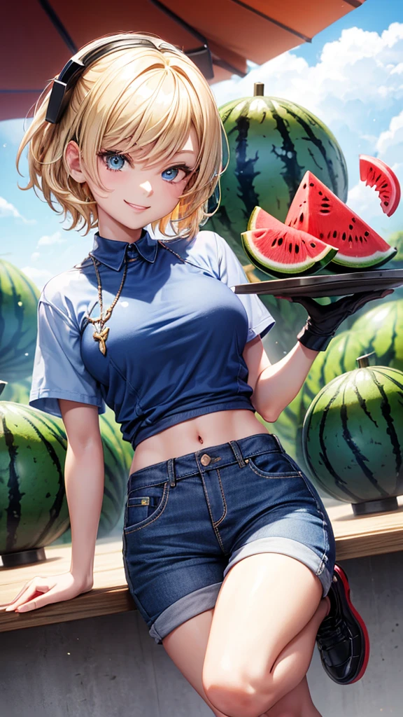 Roblox character, blonde, short hair, wearing a blue shirt, female, wearing blue shorts, black shoes, a plate of watermelon on her head, smiling, my favorite character.