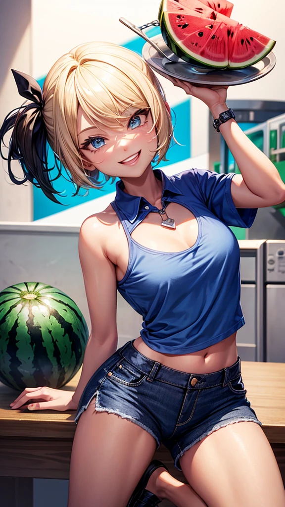 Roblox character, blonde, short hair, wearing a blue shirt, female, wearing blue shorts, black shoes, a plate of watermelon on her head, smiling, my favorite character.