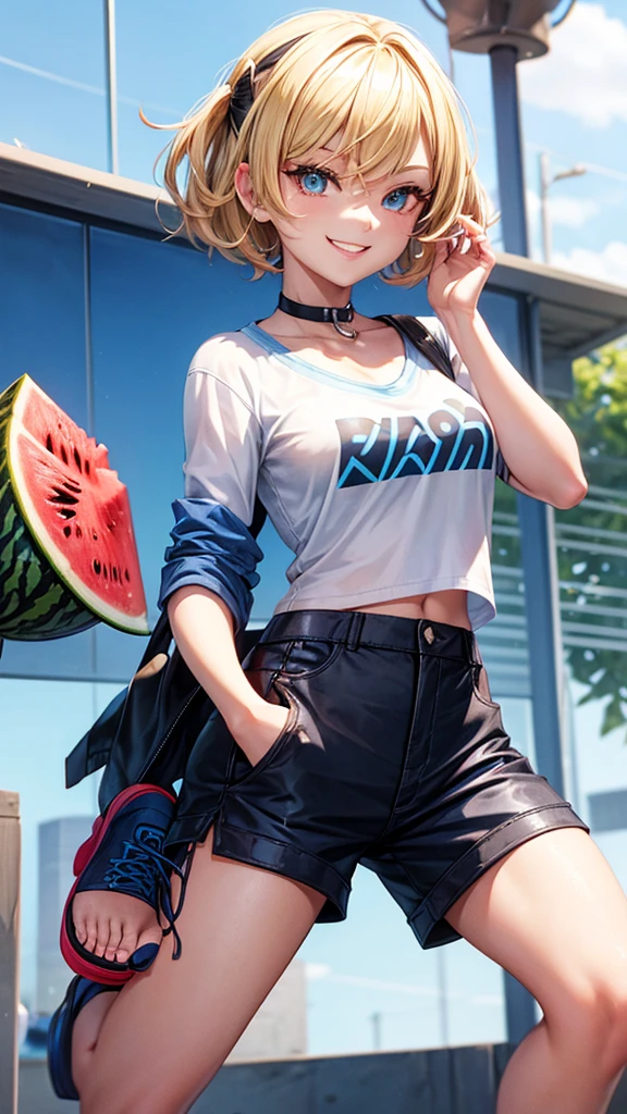 Roblox character, blonde, short hair, wearing a blue shirt, female, wearing blue shorts, black shoes, a plate of watermelon on her head, smiling, my favorite character.