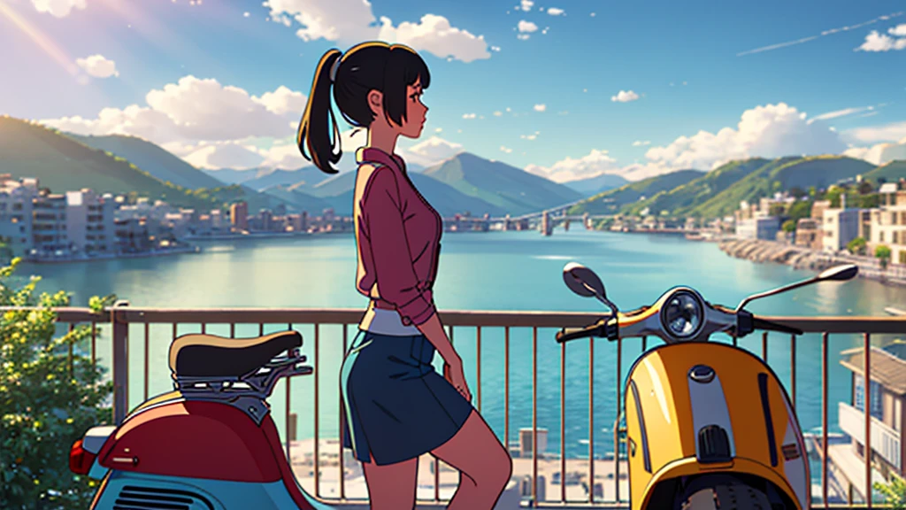 "A stylish young woman with a ponytail, wearing casual clothes, riding a colorful vintage scooter (model: 1970 Vespa), sitting by a railing overlooking a serene cityscape with mountains and a river. The scene has a relaxed, "calm" atmosphere with a retro aesthetic, the sky is sunny with a few clouds. The overall atmosphere is calm and emotional."