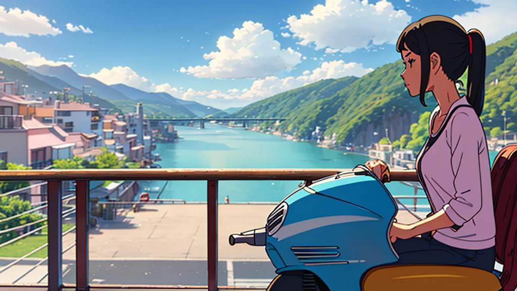 "A stylish young woman with a ponytail, wearing casual clothes, riding a colorful vintage scooter (model: 1970 Vespa), sitting by a railing overlooking a serene cityscape with mountains and a river. The scene has a relaxed, "calm" atmosphere with a retro aesthetic, the sky is sunny with a few clouds. The overall atmosphere is calm and emotional."