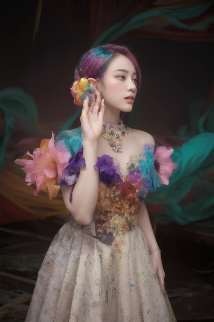 (vibrant:1.2), (colorful:1.4), (masterpiece:1.3), realistic, best quality, extremely detailed, (1girl, action shot, very long colorful flowing hair, floating colors, colorful chaos, elegant, vivid colors, atmospheric, vibrant, striking visuals, twisting flowing fabric, cinematic shot, unravelling, unfurling, blossoming, bright eyes, front lit, erupting, undercurrent, endless bloom, portal, top-down camera angle),