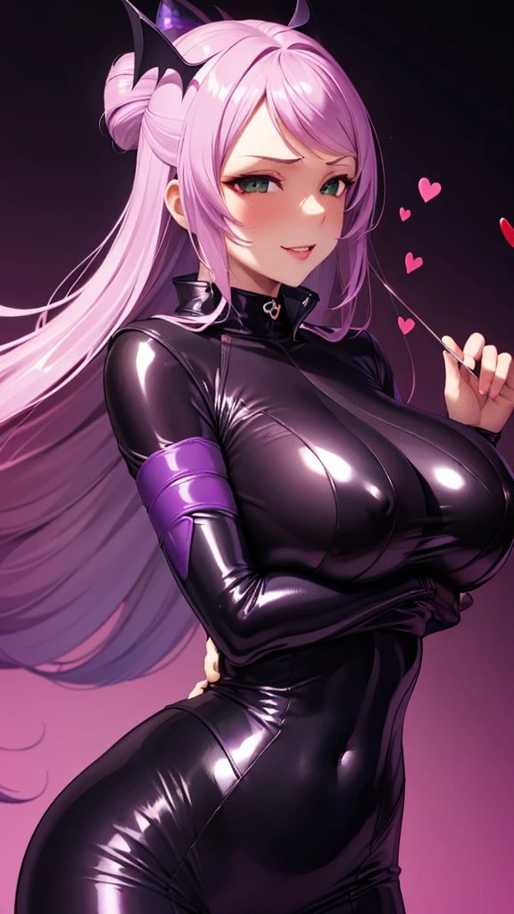 Erotic, tall, busty, mature, married woman, female executive in shiny purple rubber suit, red, black background, heart, bedroom, dark theme, evil, fallen, temptation, excitement, condescending, sneer, sexy pose, upper body emphasis, angle from below, bat wings, dark skin, straddling