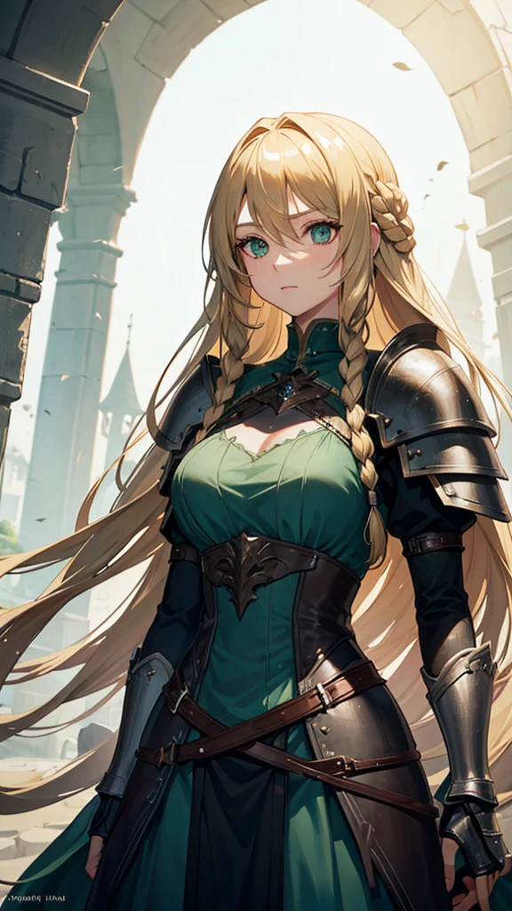 A woman with long blonde hair they would have braided, she would have dark souls style knight armor. Green eyes.