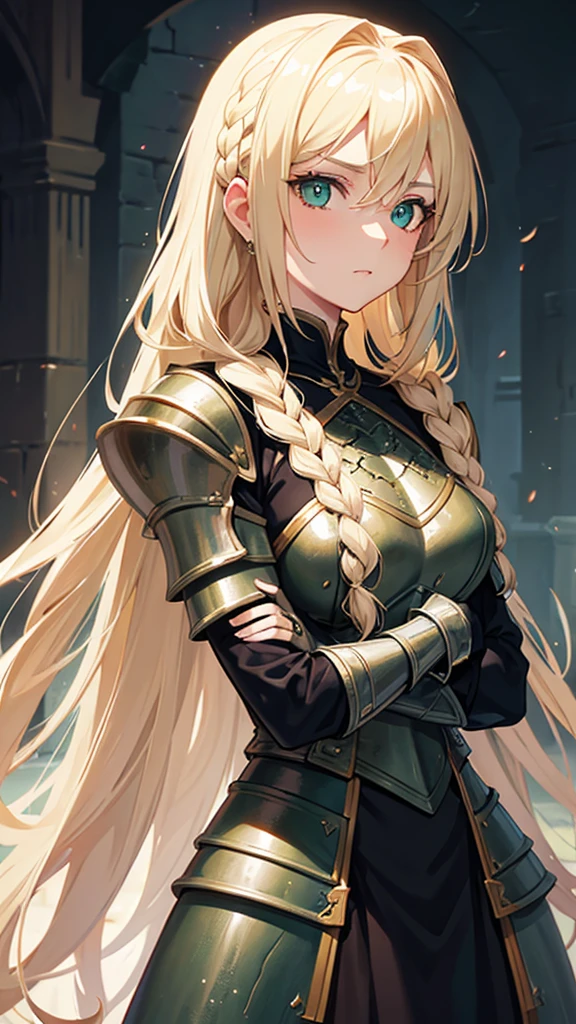 A woman with long blonde hair they would have braided, she would have dark souls style knight armor. Green eyes.