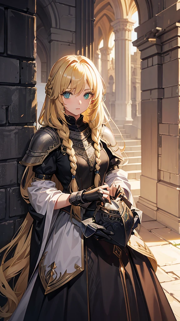 A woman with long blonde hair they would have braided, she would have dark souls style knight armor. Green eyes.