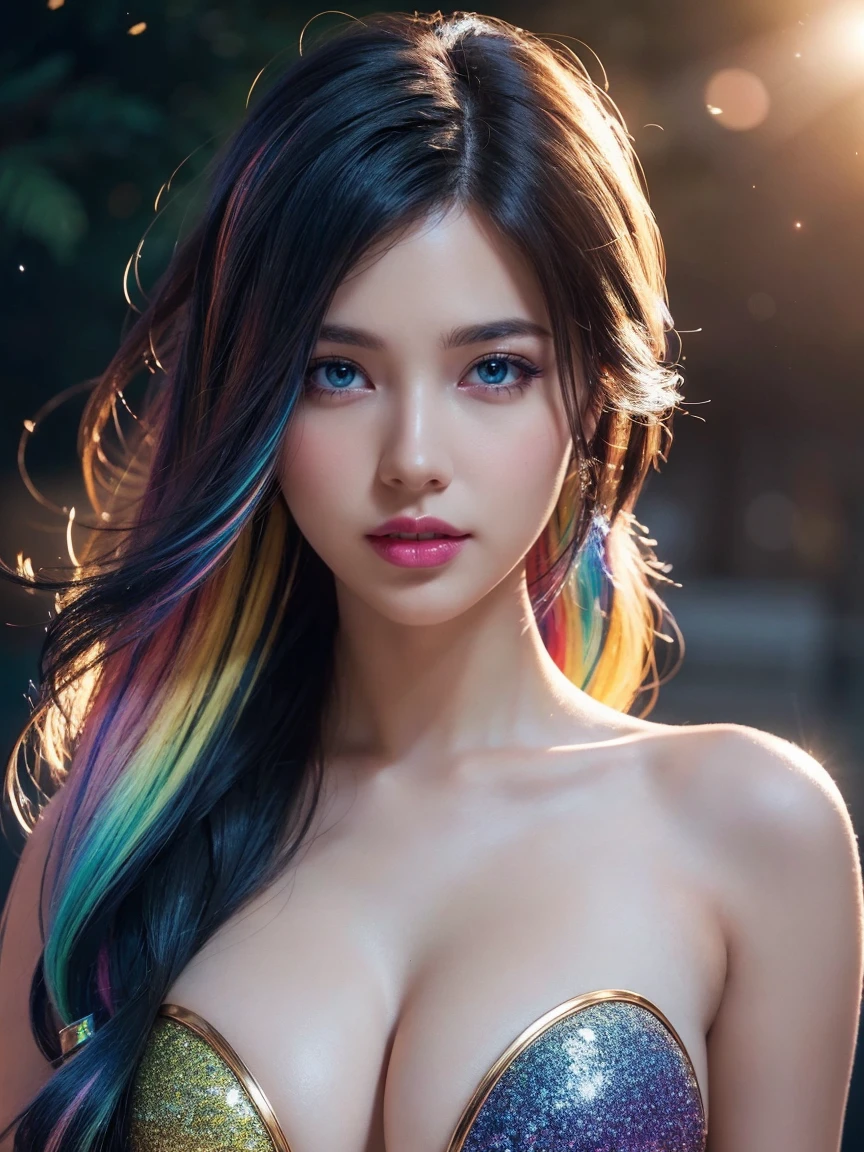 {{masterpiece}}, best quality, extremely detailed CG unity 8k wallpaper, cinematic lighting, lens flare, beautiful detail eyes, black, side glance, multicolor hair, colorful light, particles, heterochromia, (colorful:1.5), (colorful hair:1.5),