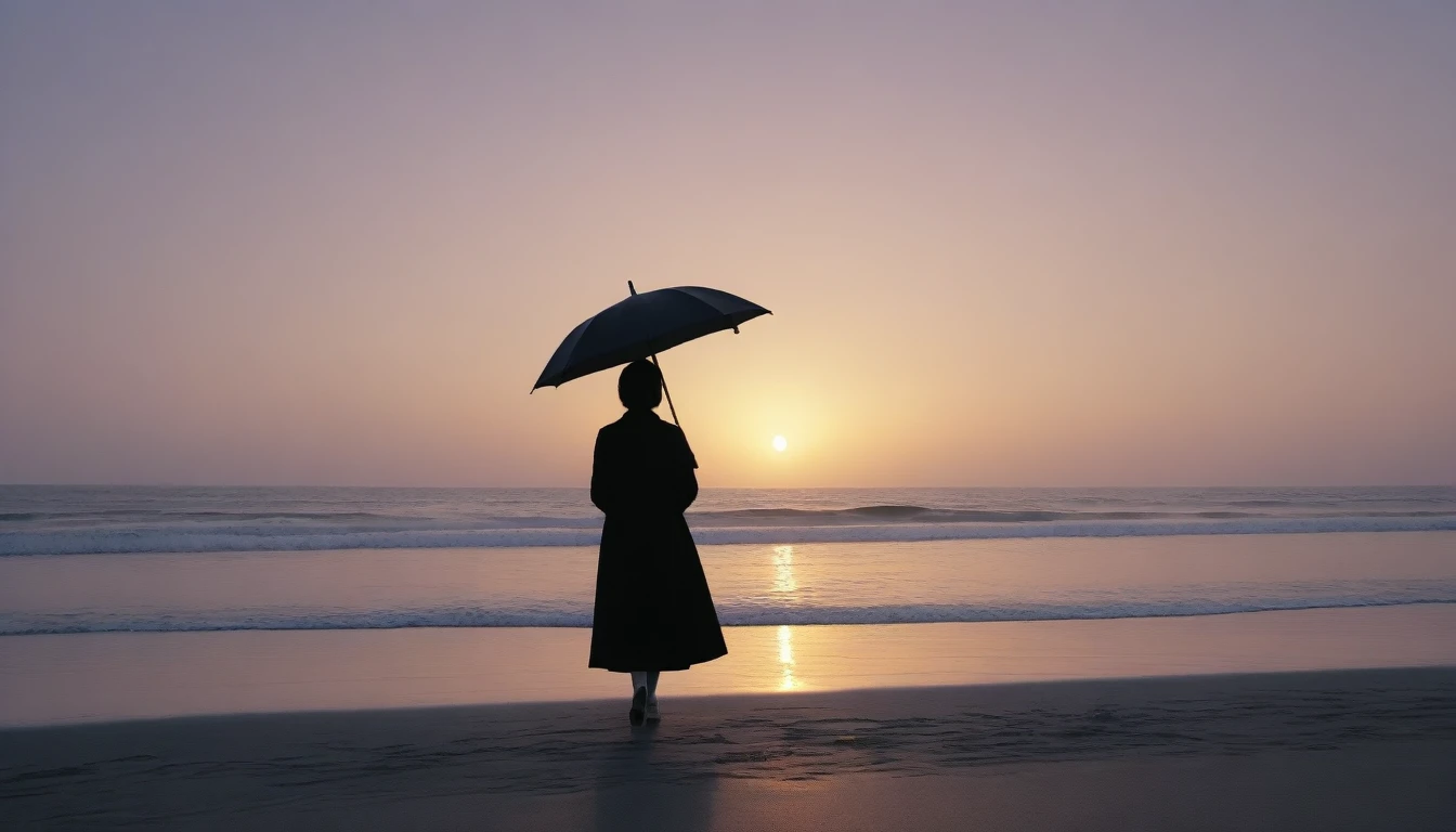 8K, Vivid picture quality, desolate long beach, Two people on the beach from afar, short hair woman, red light of sunset, alone, afternoon, depressed, tide가 밀려온다, ocean, tide, black umbrella , wind, short korean woman, 잔잔한 tide, black umbrella, Perfect photos with vivid image quality, wearing a casual jacket and jeans, black umbrella