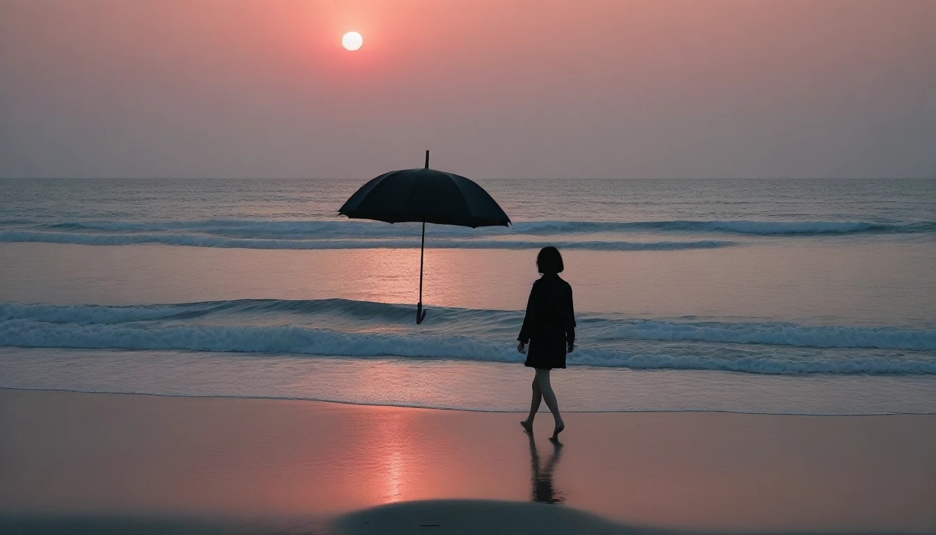 8K, Vivid picture quality, desolate long beach, Two people on the beach from afar, short hair woman, red light of sunset, alone, afternoon, depressed, tide가 밀려온다, ocean, tide, black umbrella , wind, short korean woman, 잔잔한 tide, black umbrella, Perfect photos with vivid image quality, wearing a casual jacket and jeans, black umbrella