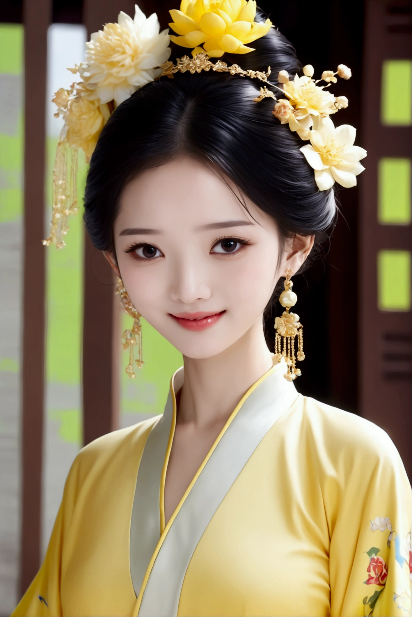 1girl, solo, looking at viewer, smile, black hair, hair ornament, dress, jewelry, upper body, flower, earrings, hair flower, hair bun, black eyes, chinese clothes, realistic, yellow dress