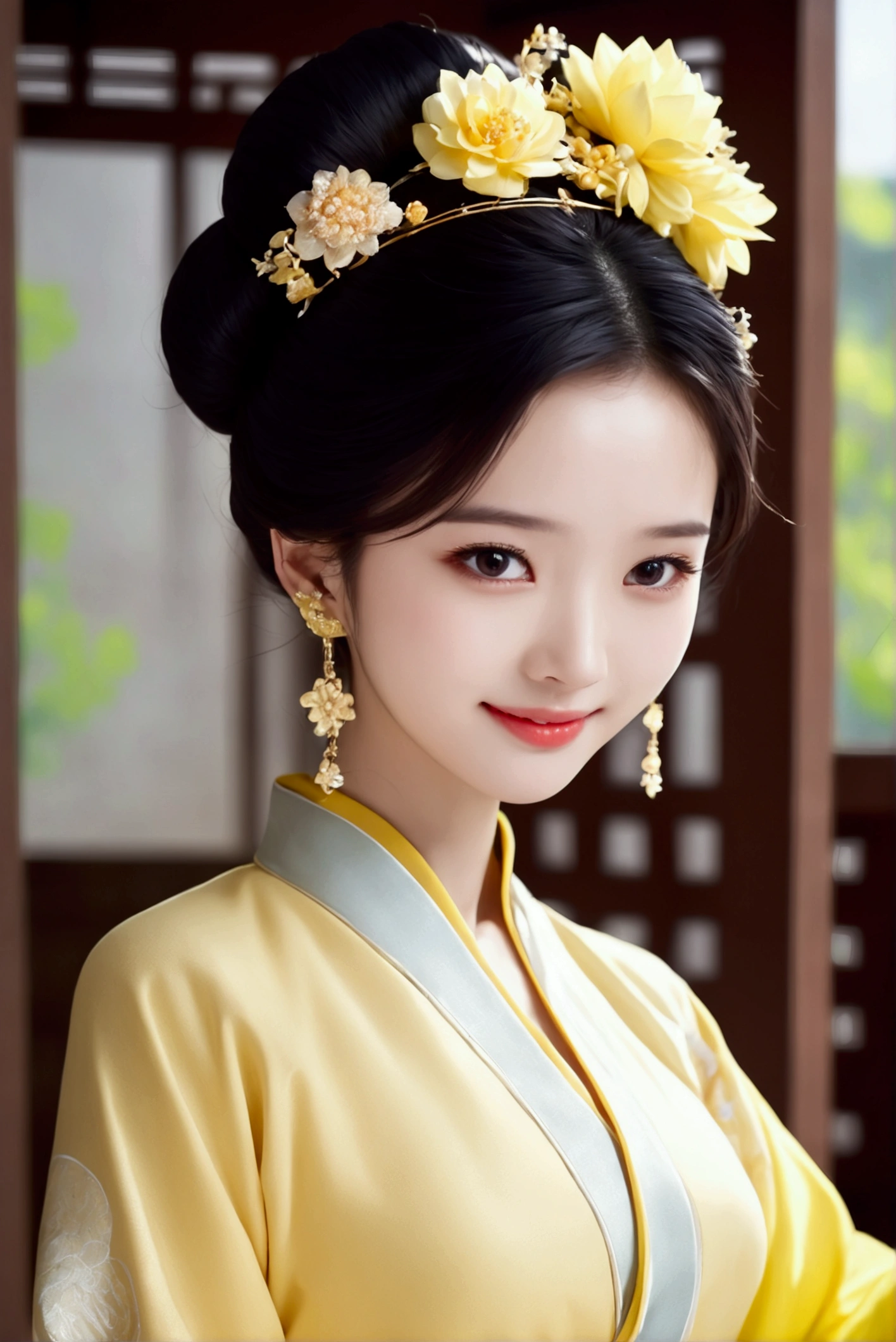 1girl, solo, looking at viewer, smile, black hair, hair ornament, dress, jewelry, upper body, flower, earrings, hair flower, hair bun, black eyes, chinese clothes, realistic, yellow dress