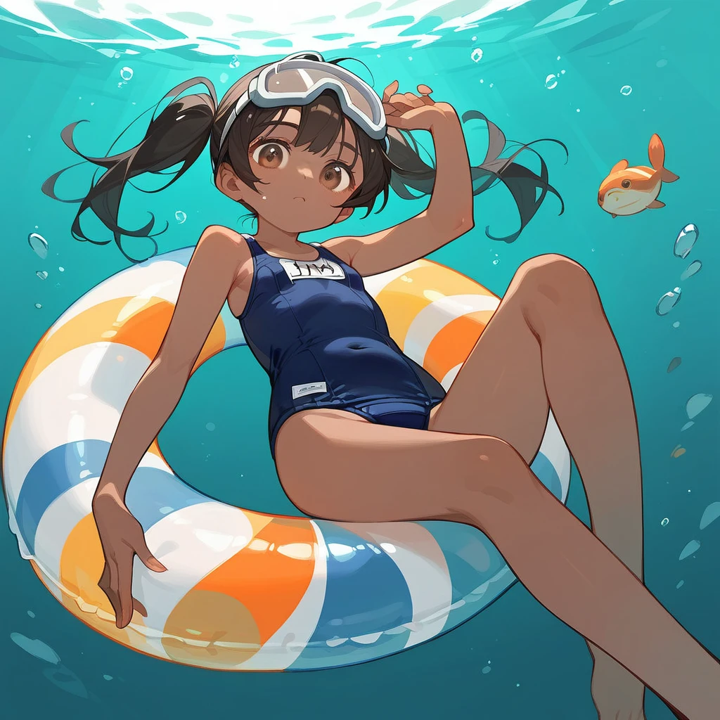 score_9_up, score_8_up, score_7_up, score_6_up, source_anime,2D, flat colors, Transparent swim tube black hair, pigtails, navy blue school swimsuit, brown skin, 、sandy beach 、black underwater goggles