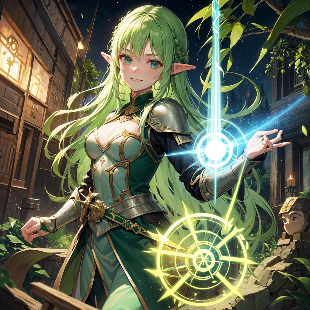 Elven Swordsman(Green semi-long、Crusader Armor),Holding a magic sword、tropical(Tavern Rainbow light swirling magic circle)、smile、Hellgate、背景にmagic circle、Dragon