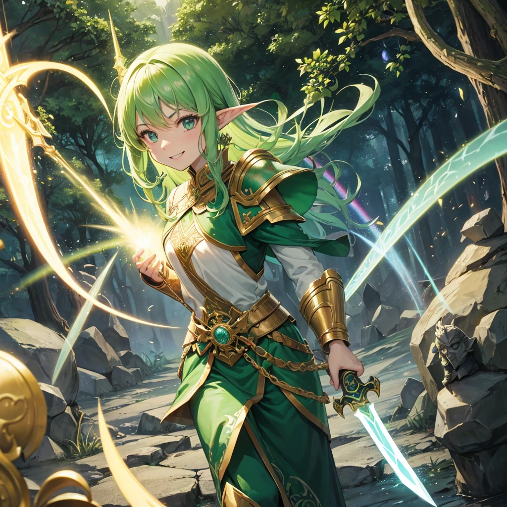 Elven Swordsman(Green semi-long、Crusader Armor),Holding a magic sword、tropical(Tavern Rainbow light swirling magic circle)、smile、Hellgate、背景にmagic circle、Dragon