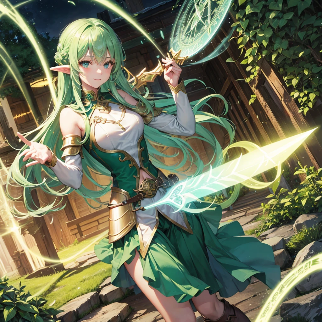 Elven Swordsman(Green semi-long、Crusader Armor),Holding a magic sword、tropical(Tavern Rainbow light swirling magic circle)、smile、Hellgate、背景にmagic circle、Dragon