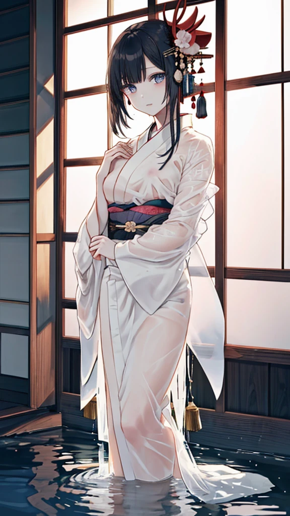 ((Waterfall basin on a moonlit night)),((池の真ん中に立つbeautiful女性)),((beautiful half-naked woman in a beautiful waterfall basin)), ((Sharp and captivating eyes))、((Sexy))、(((See-through kimono:1.3)))、((Kimono made of thin cloth wet with water:1)), Pale skin、(((One Girl:1))), ((Pale skin))、憂鬱なbeautiful顔、beautiful expression、Sexy顔、Swollen nipples, (((Lower Breast)))、(((beautiful breasts ))), beautiful 、Knee-high boots、Super detailed face、Delicate eyes、(double eyelid)、 (((1. Japanese women)))、 Beauty, 20-year-old,((See-through kimono)), (Show off by wearing Japanese revealing clothes),