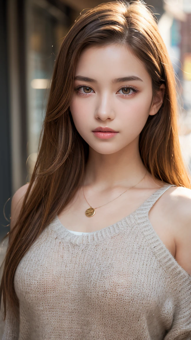 1 girl , One, long hair, breast, Looking at the viewer, blonde hair, bare shoulders, Brown eyes, jewelry, whole body, necklace, from the shoulder, sweater, lips, realistic, Nose, flirting with the camera, Ultra high resolution.photorealistic:1.4, uhd, teenager&#39edroom in the background