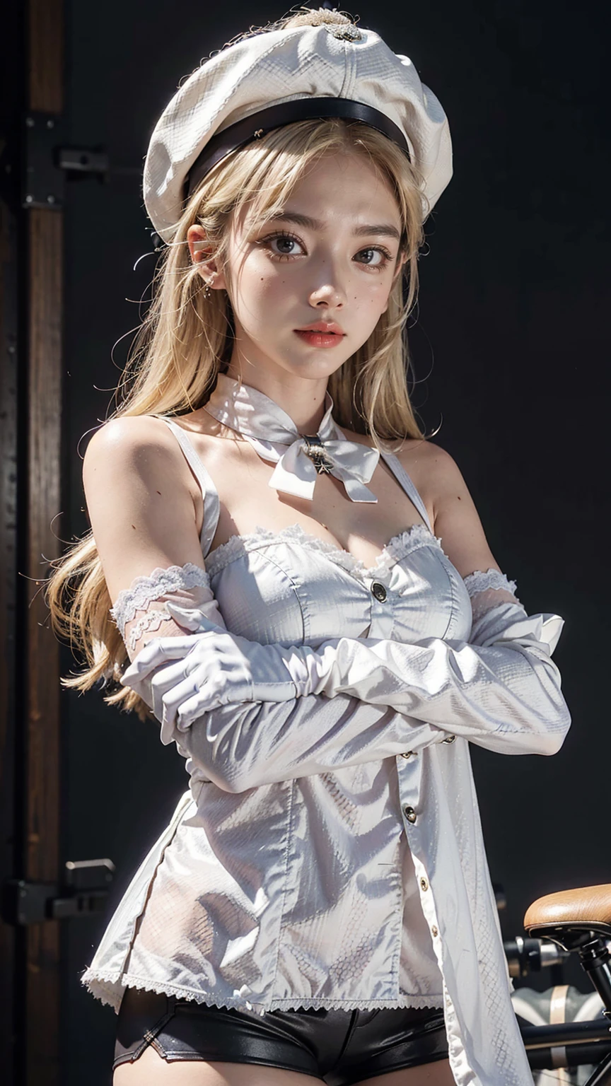 z23,, textured skin, 8k, beautiful detailed eyes, cinematic lighting, beautiful detailed face, ultra-detailed, world masterpiece theater, cinematic lighting,, 1girl, solo, blonde hair, purple eyes, hair bow, white shirt, beret, bare shoulders, gloves, iron cross, bike shorts, :d, armband, white gloves, cowboy shot,
