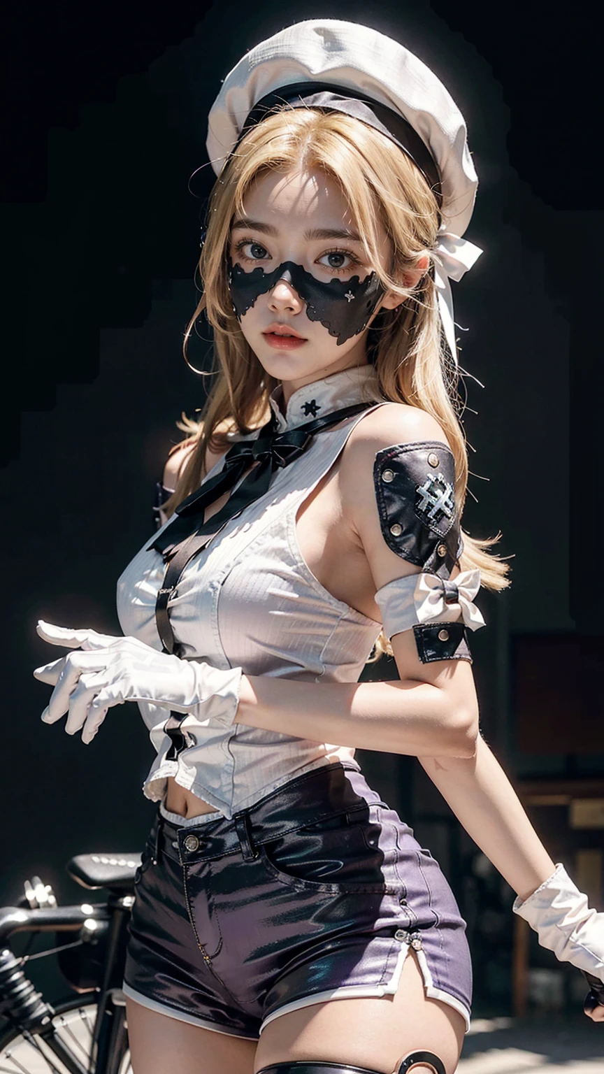 z23,, textured skin, 8k, beautiful detailed eyes, cinematic lighting, beautiful detailed face, ultra-detailed, world masterpiece theater, cinematic lighting,, 1girl, solo, blonde hair, purple eyes, hair bow, white shirt, beret, bare shoulders, gloves, iron cross, bike shorts, :d, armband, white gloves, cowboy shot,