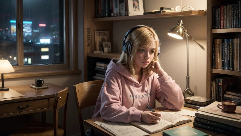 "Generate a high-definition image of a messy, lo-fi style bedroom lit by vibrant neon lights. In the center of the scene, a young blonde woman sits in a comfortable chair next to a modern desk. She wears headphones over her hair blonde hair and wearing a pink hoodie. The young woman is deeply focused on her studies, with a laptop open in front of her and books organized in a chaotic manner around her. The environment is rich in details, showing artistic posters on the walls and full shelves. of personal objects and more books. The soft lighting of the room creates a welcoming atmosphere, with neon lights while through the window, you can glimpse the night lights of the city, softened by the rain falling outside. laptop keyboard, with elegantly curved fingers to avoid any deformation in the image, maintaining the naturalness and realism of the scene."