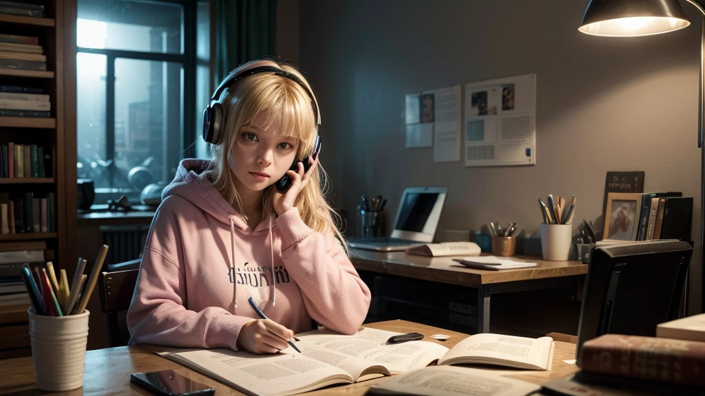 "Generate a high-definition image of a messy, lo-fi style bedroom lit by vibrant neon lights. In the center of the scene, a young blonde woman sits in a comfortable chair next to a modern desk. She wears headphones over her hair blonde hair and wearing a pink hoodie. The young woman is deeply focused on her studies, with a laptop open in front of her and books organized in a chaotic manner around her. The environment is rich in details, showing artistic posters on the walls and full shelves. of personal objects and more books. The soft lighting of the room creates a welcoming atmosphere, with neon lights while through the window, you can glimpse the night lights of the city, softened by the rain falling outside. laptop keyboard, with elegantly curved fingers to avoid any deformation in the image, maintaining the naturalness and realism of the scene."
