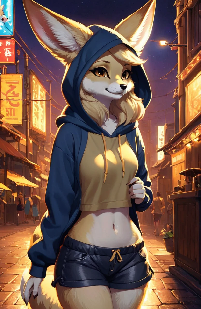 Stylized cinematic anime artwork, fluffy anthro furry, Fennec, female,cropped hoodie, miniskirt, single tail, subsurface scattering, smooth lines, caustics, hyper realistic painting