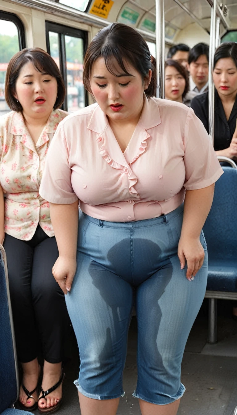 1woman,2kids,fullbody,(masterpiece:1.5),photo-realistic,16k,(beautiful 40s japanese plump lady:1.4),(crowded bus:1.6),(frilled blouse:1.5),(jeans:1.3),(sandals:1.5),(handing on wetting crotch with both hands:1.4),(whimpering:1.6),(panicking:1.6),(crying:1.6),(wetting:1.7),(dripping pee:1.4),brown straight medium hair,black eyes,makeup,lipstick,eyeliner,mascara,eyeshadow