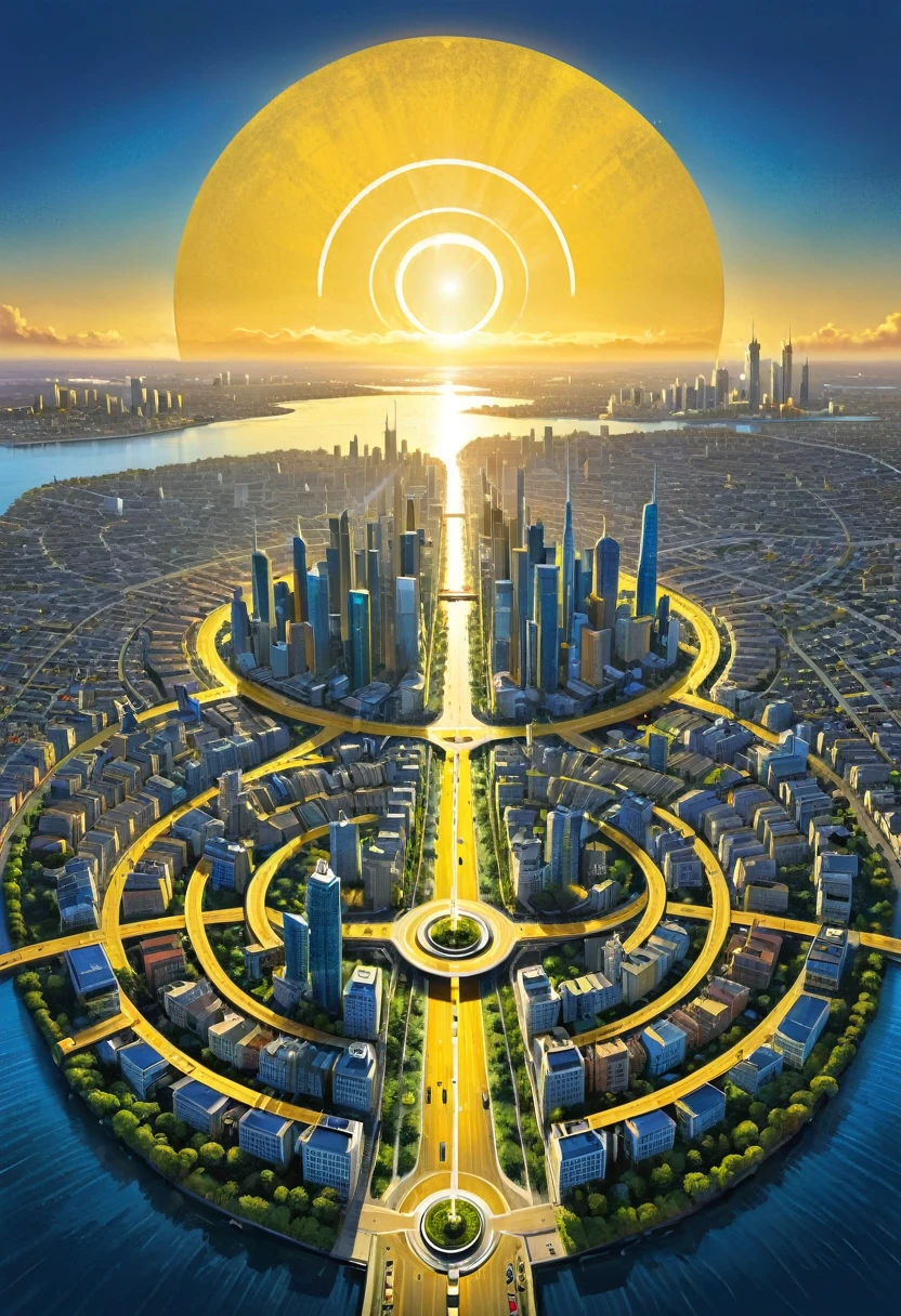 the city of lunathion from crescent city book series, circle shaped city at sunset, with a lot of yellow street lights, one long, thin, straight and blue-colored river that crosses the city from right side to the left, the city has 7 small gates evenely spread around the city's perimeter, only the inner part of the circle shaped city features extremely tall modern skyscrapers, orderly grid roads and streets, a small gate in the middle of the city, and the outside of the circled shape city is surrounded by nothing but woods
