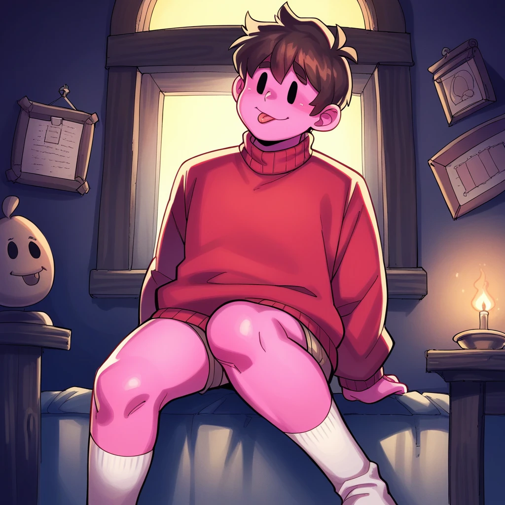 PDXL, score_9_superior, score_8_superior, score_7_superior, Highest quality, masterpiece, sauce_anime, Dark Background, indoor, Dim lighting, Old house, night, Detailed Background, Break 1 Boy, alone, Bobby_(/Noill/), Dot Eye, Ghost, Ghost boy, Brown Hair, Pink Skin, Pink body, Brown Hair, Red sweater, socks, View your viewers, Sticking out tongue,