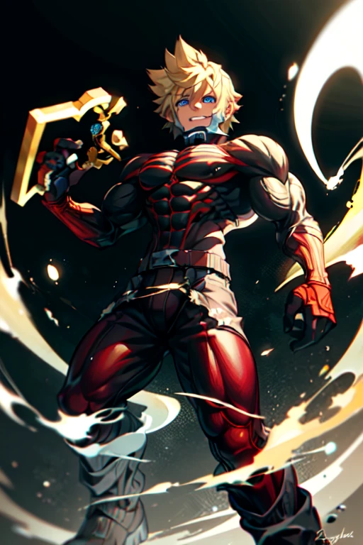 (VanitasKH),  Chin guard, Body, evil grin, (1 boy:1.3), make contact, open hand, Stand, Cowboy-shot,, ultra Detailed, ​masterpiece, best quality, Esthetic, Detailed,  (extremely muscular), (, muscular legs , muscular arms, Muscular upper body, muscular abdominal muscles , muscular shoulders,),(khroxas),  (((blue eyes, spiky hair, blonde hair,)))
