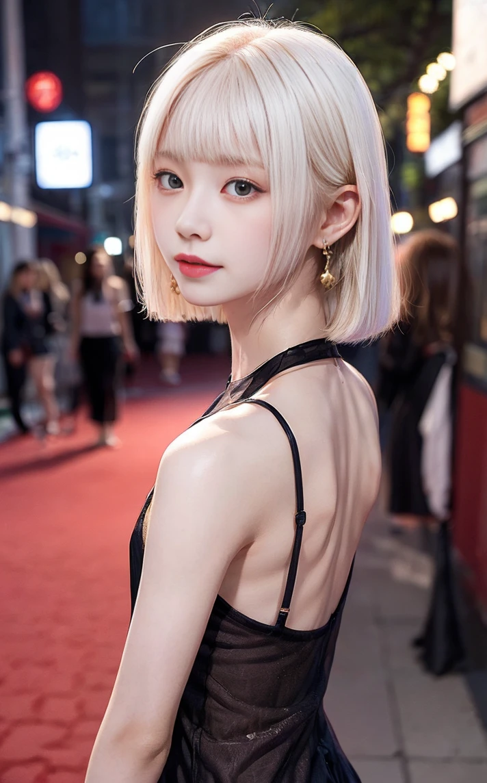 ((masterpiece:1.2、Highest quality、Tmasterpiece))、1 female、alone、classroom、Day、(Korean Actress:1.2)、(Are standing:1.4)、blonde、(Hime Hair:1.4)、Wavy Hair,Beautiful legs、((Halter neck dress:1.4))、(Beautiful white skin:1.4)、(Small breasts:1.5)、Hoop Earrings、lipstick、Ring Choker、blush、smile、Covered breasts、(Thick lips:1.2)、Detailed body、Very detailed絵画, Luminism、4K resolution、3D Rendering、Exquisitely crafted , Cinematic、Realistic、Hit definition、Abstract Beauty、Approaching perfection, Pure Form, Golden Ratio、Very detailed, Digital photography, Soft natural light, 50mm lens, F1.8 Vacancies、blush、Small face、(Tight waist:1.3),(albino:1.5),(anorexia:1.3),(Sickly:1.2),(Face close-up:1.4),(Short Bob:1.2),(Red carpet:1.3),(Film festival:1.5)、smile