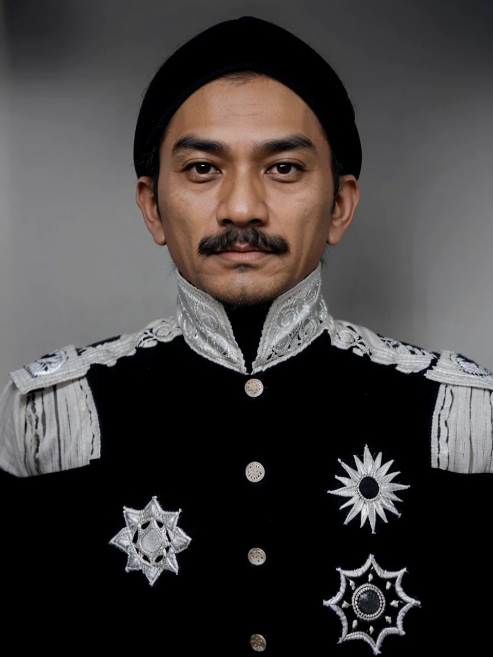 Indonesian Muslim man, aged 40 years or over, brown skin, slightly wrinkled on the forehead, naturally clear eyes, long thick eyebrows, long black mustache, closed mouth, wearing clothes that have the nuances of a great king, black kanigaran clothes and head covering. HD quality realistic images