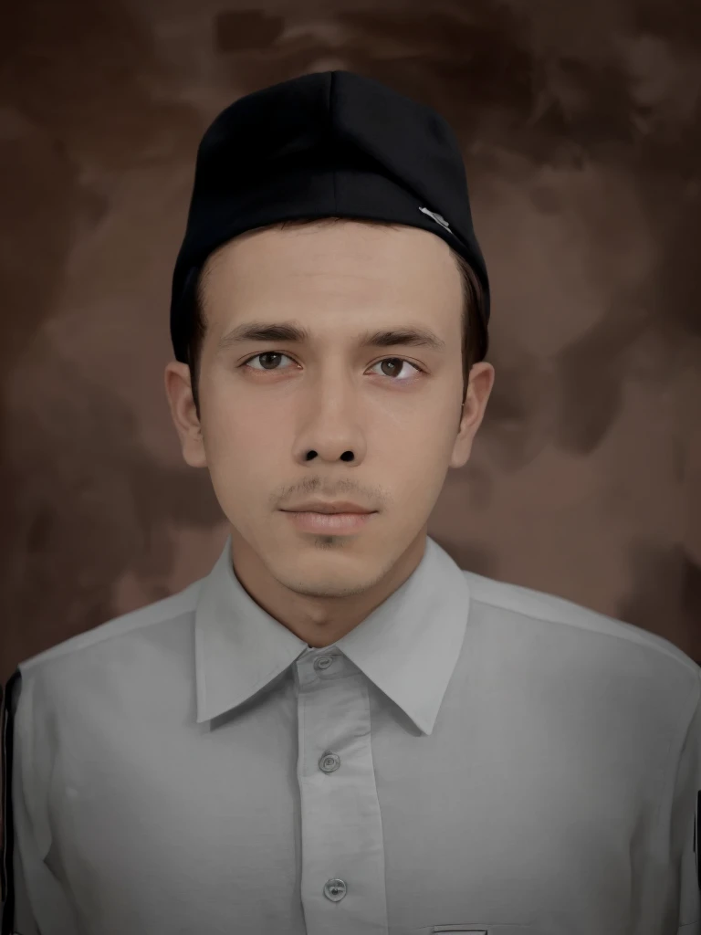 Colored portrait of a man wearing a black cap, plain white collared shirt, abstract wall background