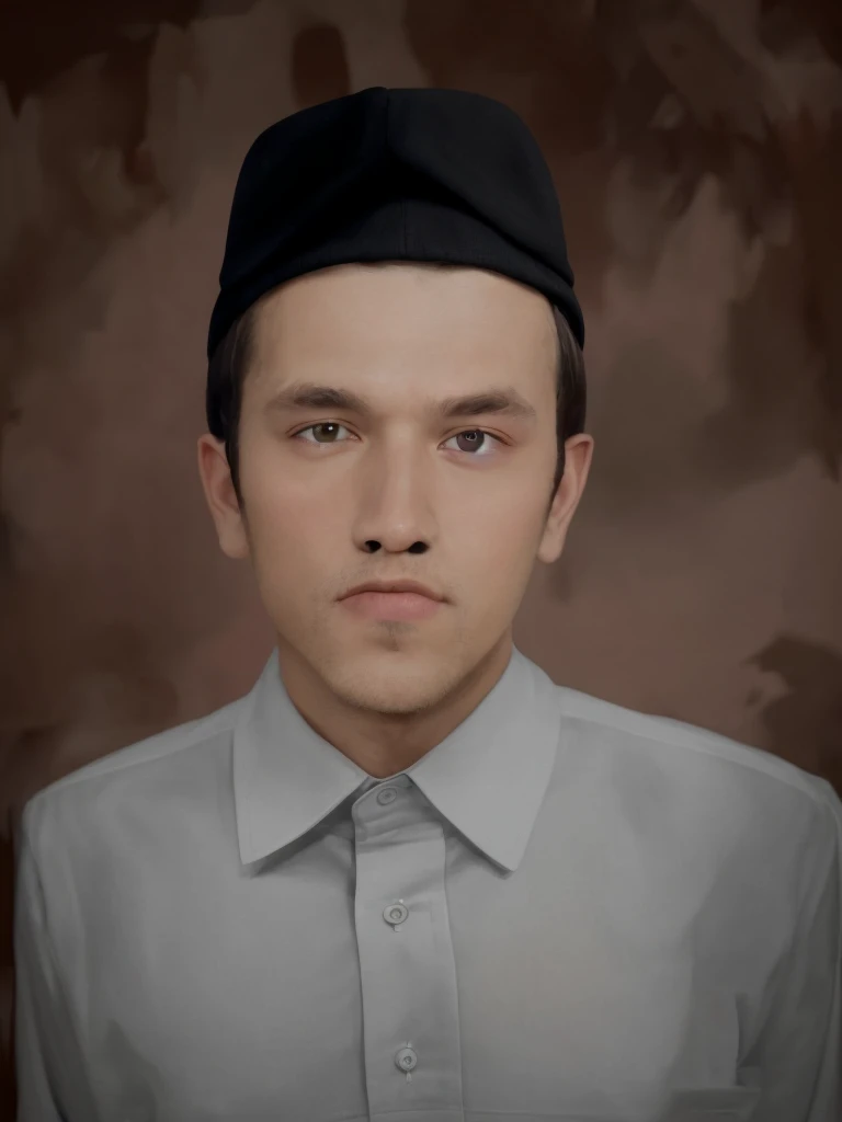 Colored portrait of a man wearing a black cap, plain white collared shirt, abstract wall background