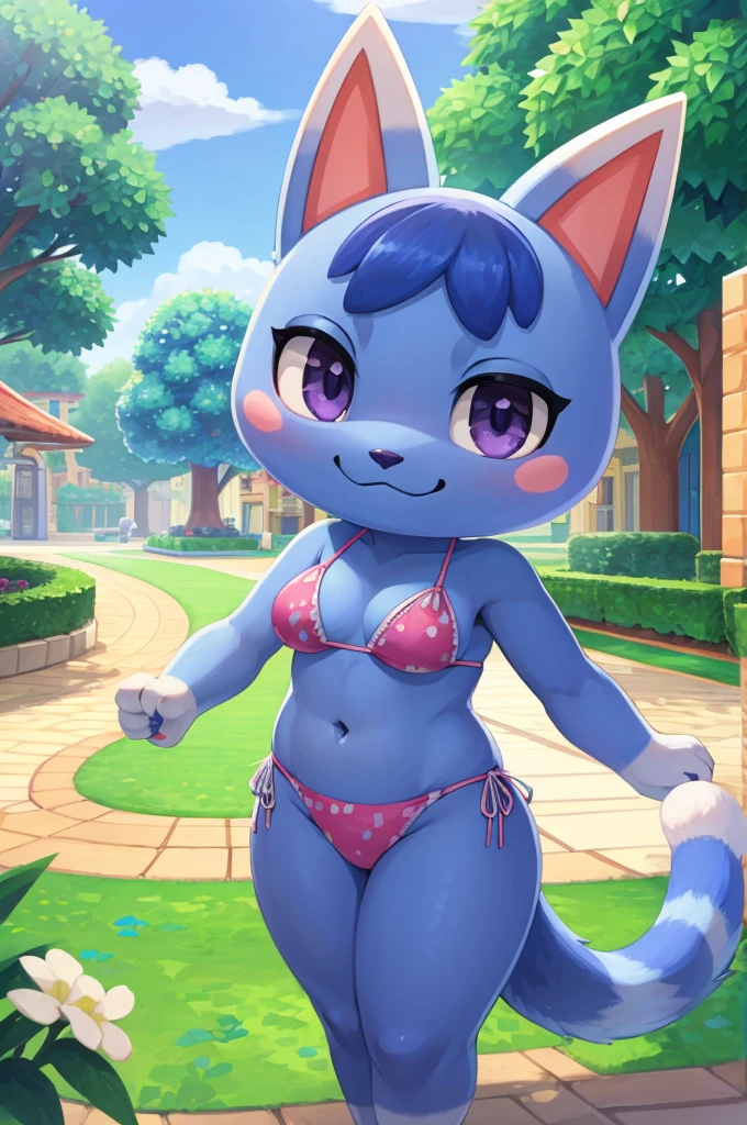 Rosie \(animal crossing\), furry, blue skin, dark blue hair, purple eyes, ((green fringed bikini)), tail, looking at viewer, :3, smirk, standing, outside, plaza, trees, blue sky, high quality, masterpiece,