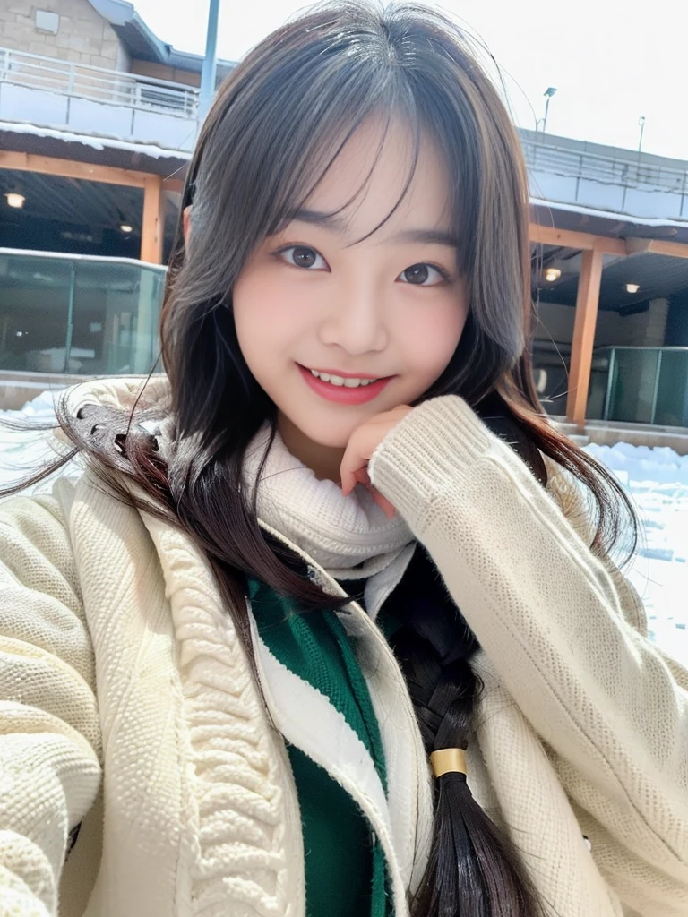 (A photo of a super cute Korean female college student feeling cold while wearing a down jacket over her school uniform:1.2)(grin,smile:1.1)(Beautiful Sweat:1.1)(16K, RAW Photos, Highest quality, masterpiece: 1.2),(A cute braid of shiny black hair) Super detailed, Super Resolution, (Genuine, Genuine photos: 1.37), Portraiture, High-resolution RAW color photos, Professional photos, Very detailed, 8k wallpaper, Very detailed CG Unity 8k wallpaper, Very detailed beautiful girls, Very detailed faces, ((whole body)), beautiful woman, Huge breasts,(huge boobs:1.1) (Big Boobs:1.1), beautiful  (Wearing a tight and cute company-designated  and a high-quality down jacket),high school girl, Korean Girls,(K-POP Female Idols), (Idol-class beauty)(Beautiful high school girl:1.1)(An observation deck covered in heavy snow in the middle of winter)()(School uniform style outfit:1.1)Wearing a fluffy scarf and hand-knitted gloves,A sly pose