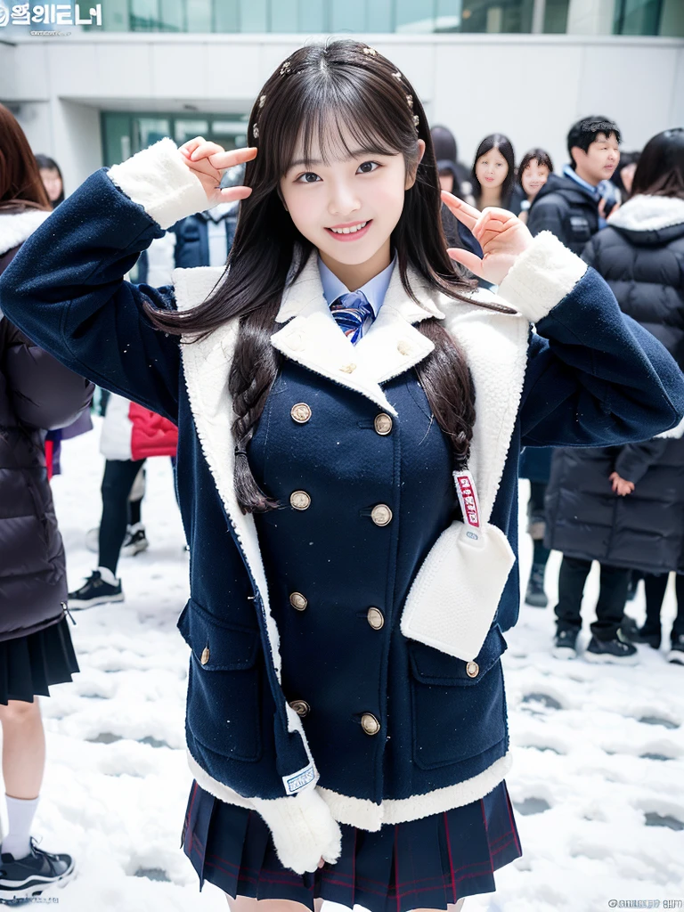 (A photo of a super cute Korean female college student feeling cold while wearing a down jacket over her school uniform:1.2)(grin,smile:1.1)(Beautiful Sweat:1.1)(16K, RAW Photos, Highest quality, masterpiece: 1.2),(A cute braid of shiny black hair) Super detailed, Super Resolution, (Genuine, Genuine photos: 1.37), Portraiture, High-resolution RAW color photos, Professional photos, Very detailed, 8k wallpaper, Very detailed CG Unity 8k wallpaper, Very detailed beautiful girls, Very detailed faces, ((whole body)), beautiful woman, Huge breasts,(huge boobs:1.1) (Big Boobs:1.1), beautiful (Wearing a tight and cute company-designated and a high-quality down jacket),high school girl, Korean Girls,(K-POP Female Idols), (Idol-class beauty)(Beautiful high school girl:1.1)(An observation deck covered in heavy snow in the middle of winter)(17 years old)(School uniform style outfit:1.1)Wearing a fluffy scarf and hand-knitted gloves,A sly pose