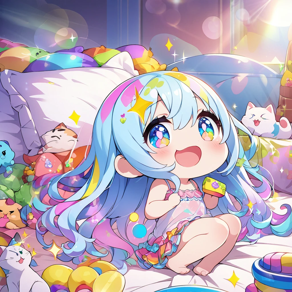 masterpiece, best quality, 4k、2D illustration、one beautiful girl、solo、(((chibi style)))、((vivid colors))、cute chibi、lovely chibi、((long beautiful hair)), glossy light blue hair, hair between eyes, cute、beautifully detailed eyes、((camisole dress)), ((miniskirt))、((colorful))、((happy smile))、sitting on bed、((full body shot))、((kitten)), ((lots of colorful stuff around))、((bed))、sparkle、((lens flare))、