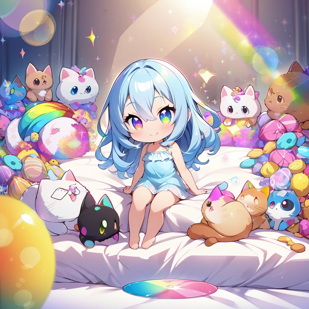 masterpiece, best quality, 4k、2D illustration、one beautiful girl、solo、(((chibi style)))、((vivid colors))、cute chibi、lovely chibi、((long beautiful hair)), glossy light blue hair, hair between eyes, cute、beautifully detailed eyes、((camisole dress)), ((miniskirt))、((colorful))、((happy smile))、sitting on bed、((full body shot))、((kitten)), ((lots of colorful stuff around))、((bed))、sparkle、((lens flare))、