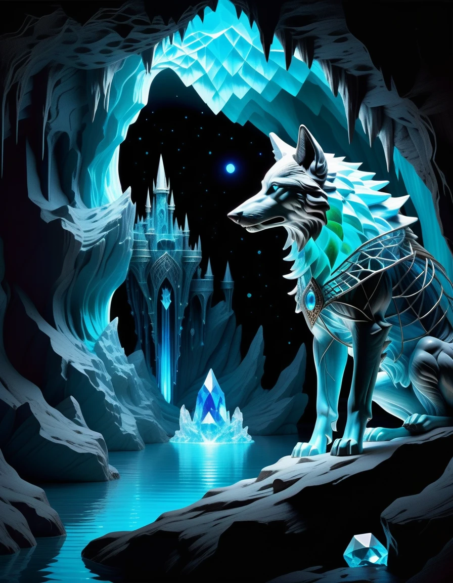 (((Multi colour crystal cave with a river reverberation flowing through of wireframe sketch, added dark-fantasy-gouache-painting:1.4))). (((this bioluminescent crystal:1.2))), Art that mixes elements of cut-out technique, walls of the crystal cave are decorated with sparkling crystals, and air filled with fantasy and mystery. dark cyan red crystal, dark cyan azure crystal, dark cyan white crystal leads to a hidden treasure guarded by a stunning mage-wave wolf statue, many dark-fantasy-style of engraved with intricate details in the cave, wings painted with vibrant universe hues with bats eyes glowing with an otherworldly, giving it mysterious and ancient atmosphere, (((otherworldly illustration grunge coating rendered in realistic-touch dark-fantasy style:1.3))), glistening effect, wonder and adventure, stunning detail. stunning illustration, fusion of delicate textures and elaborate details, exaggerated distinctive detail effects, masterpiece quality, (((amazing masterpiece quality with a combination of ultra-realistic details and highly intricate detail beautiful detail glow:1.3))), (((sharpness and clarity unmatched:1.1))), (((radiosity rendered in stunning 32k beautiful resolution:1.3))), (((all captured in sharp focus:1.2))), highest quality, highly quality,
