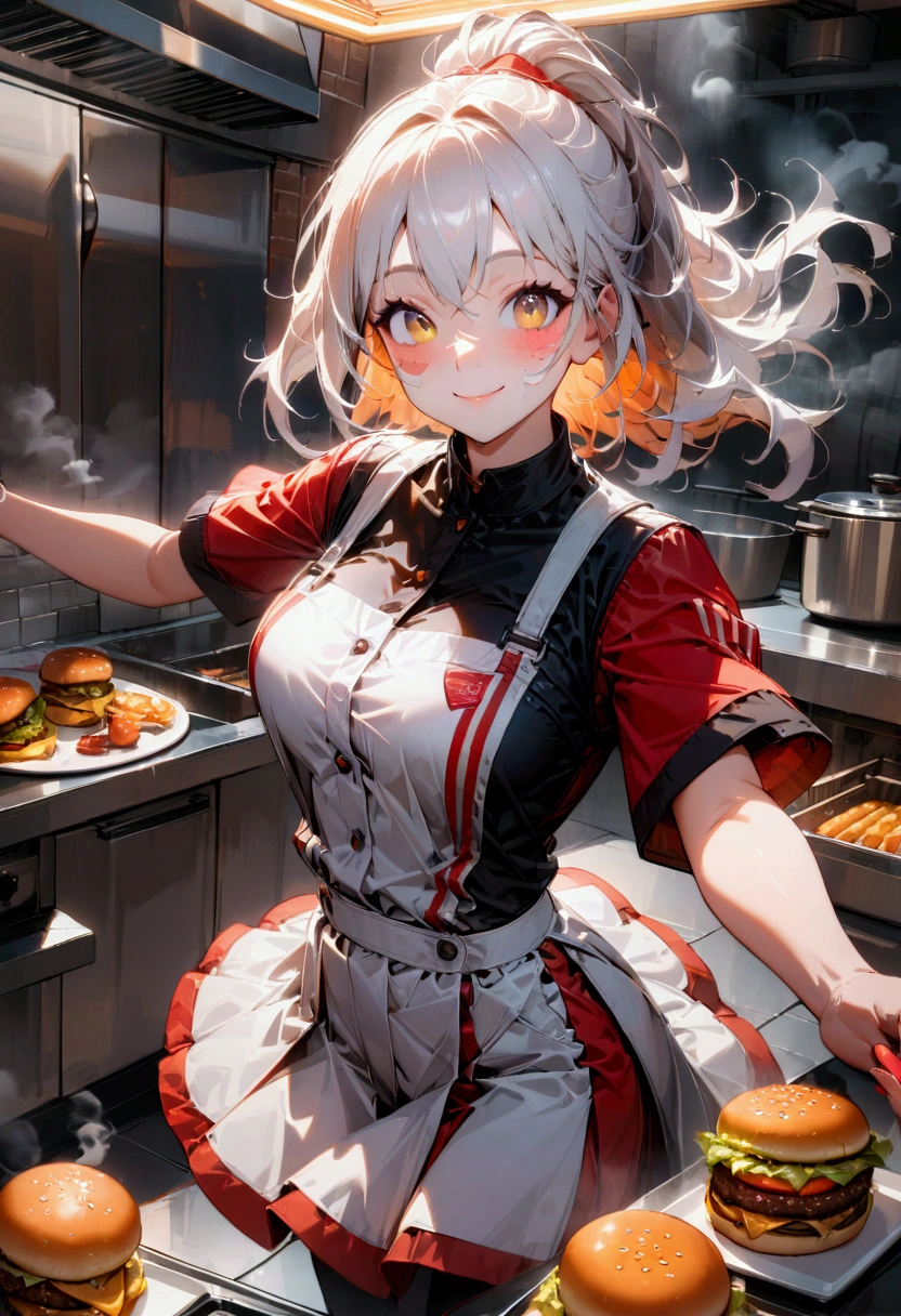 1girl, Fast Food Worker, A fast food worker, working at a busy burger restaurant, wearing a red and white uniform, smiling and serving customers, detailed facial features, 8k, dynamic lighting, warm color tones, highly detailed, seamless, volumetric, cinematic composition, clean design, industrial kitchen setting, stainless steel appliances, neon signage, reflective surfaces, steam and smoke effects, immersive atmosphere, dynamic camera angle, cinematic framing, masterpiece, best quality, very aesthetic, absurdres